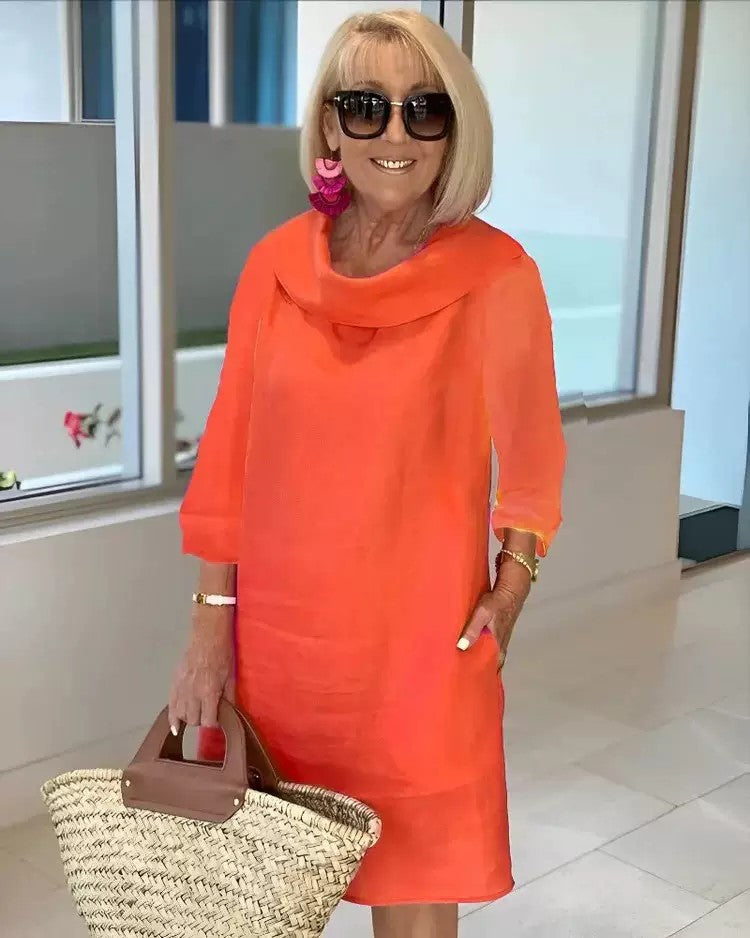 Cotton linen long-sleeved casual solid color dress