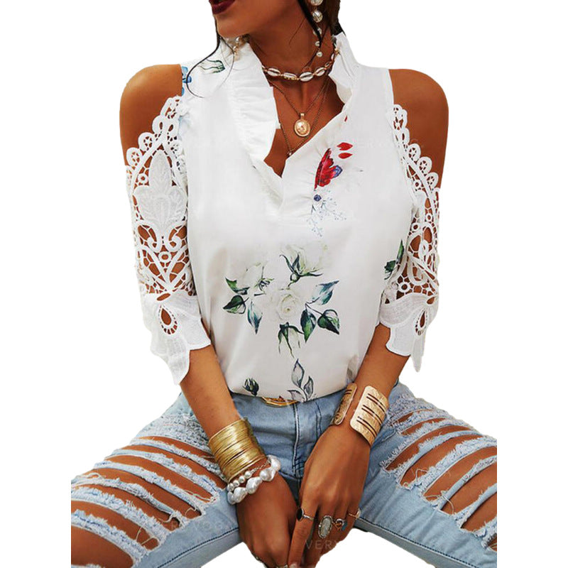 Women's Top Flower Print Off Shoulder Lace Panel Long Sleeves