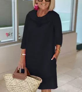 Cotton linen long-sleeved casual solid color dress