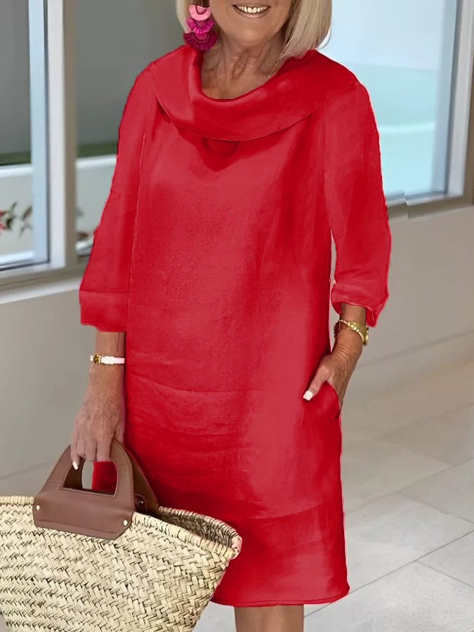 Cotton linen long-sleeved casual solid color dress