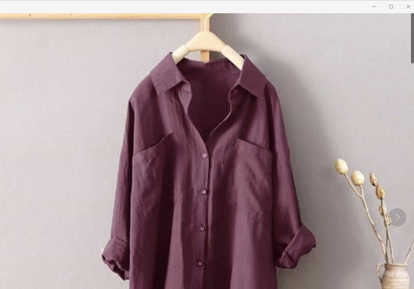 Solid Color Cotton Linen Shirt Loose Ladies Top