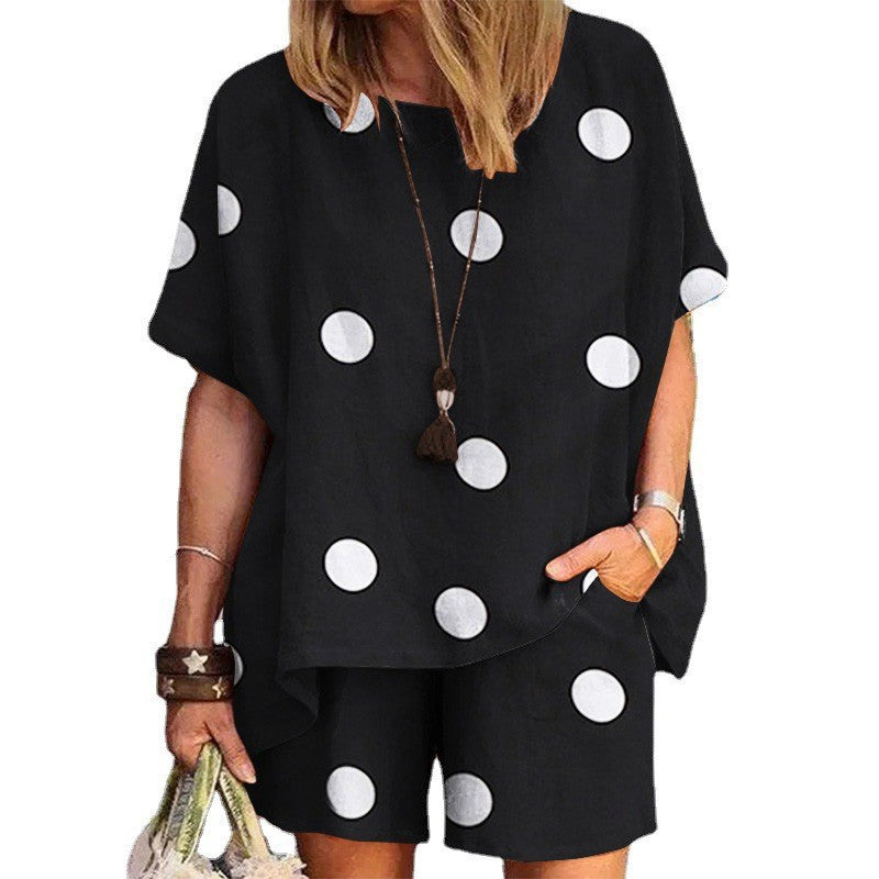 Women's Polka Dot Print Round Neck Loose Two-piece Set