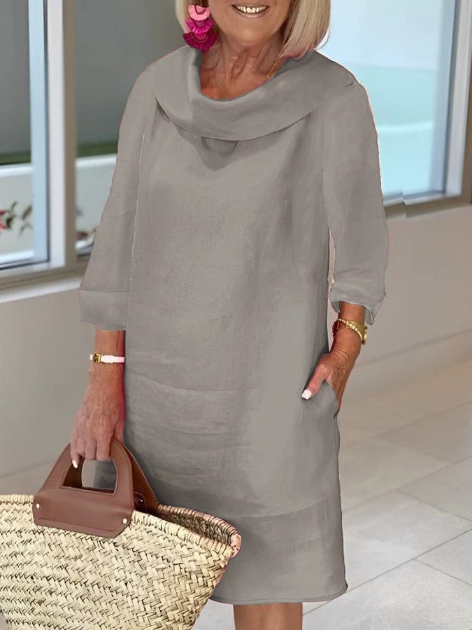 Cotton linen long-sleeved casual solid color dress