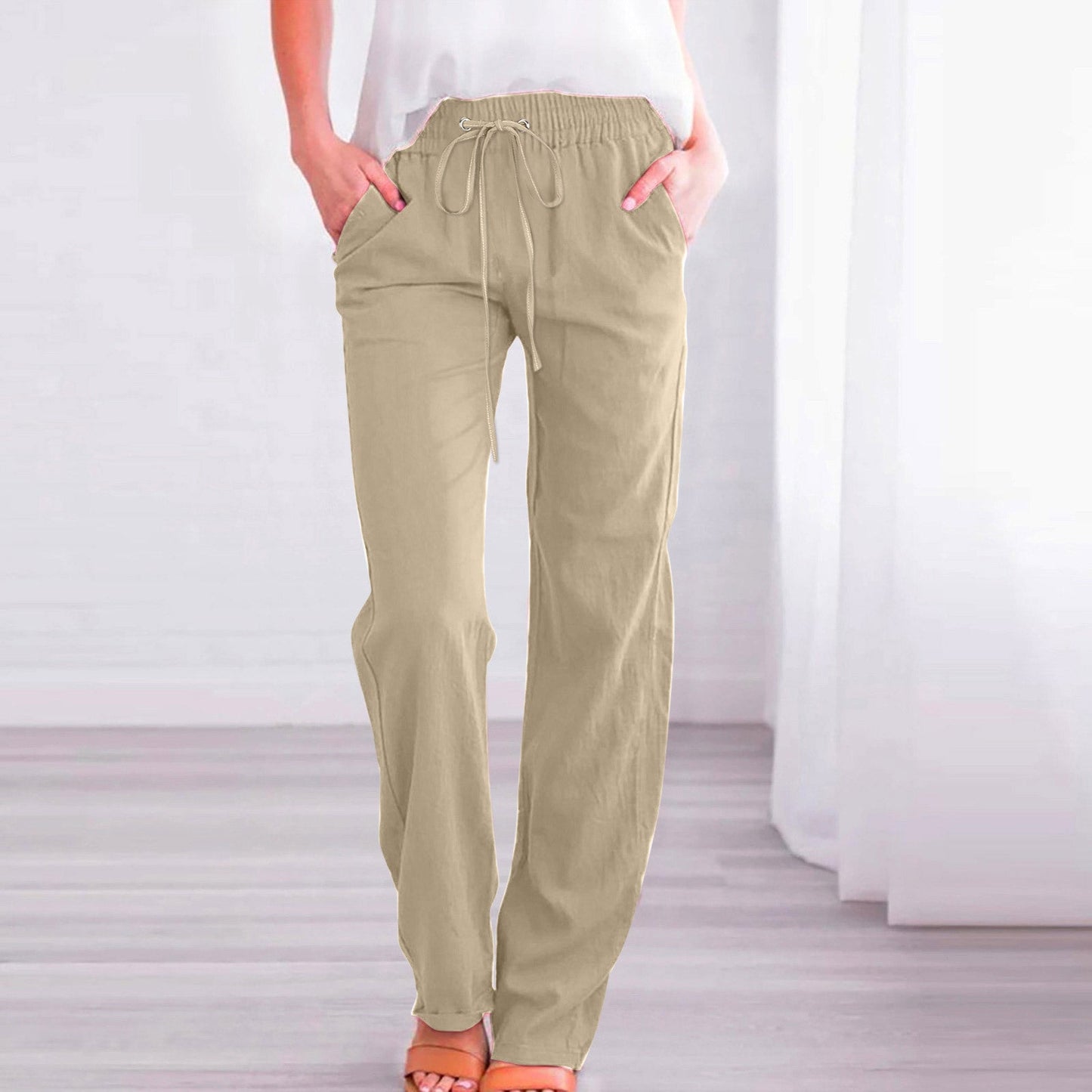 Solid color cotton and linen drawstring loose casual wide-leg trousers