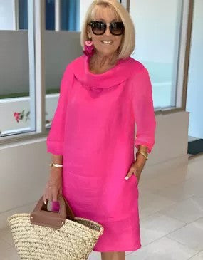 Cotton linen long-sleeved casual solid color dress