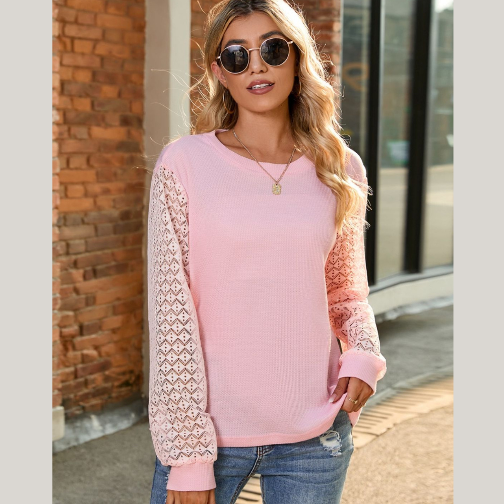 Full Size Round Neck Lace Long Sleeve T-Shirt Plus Size