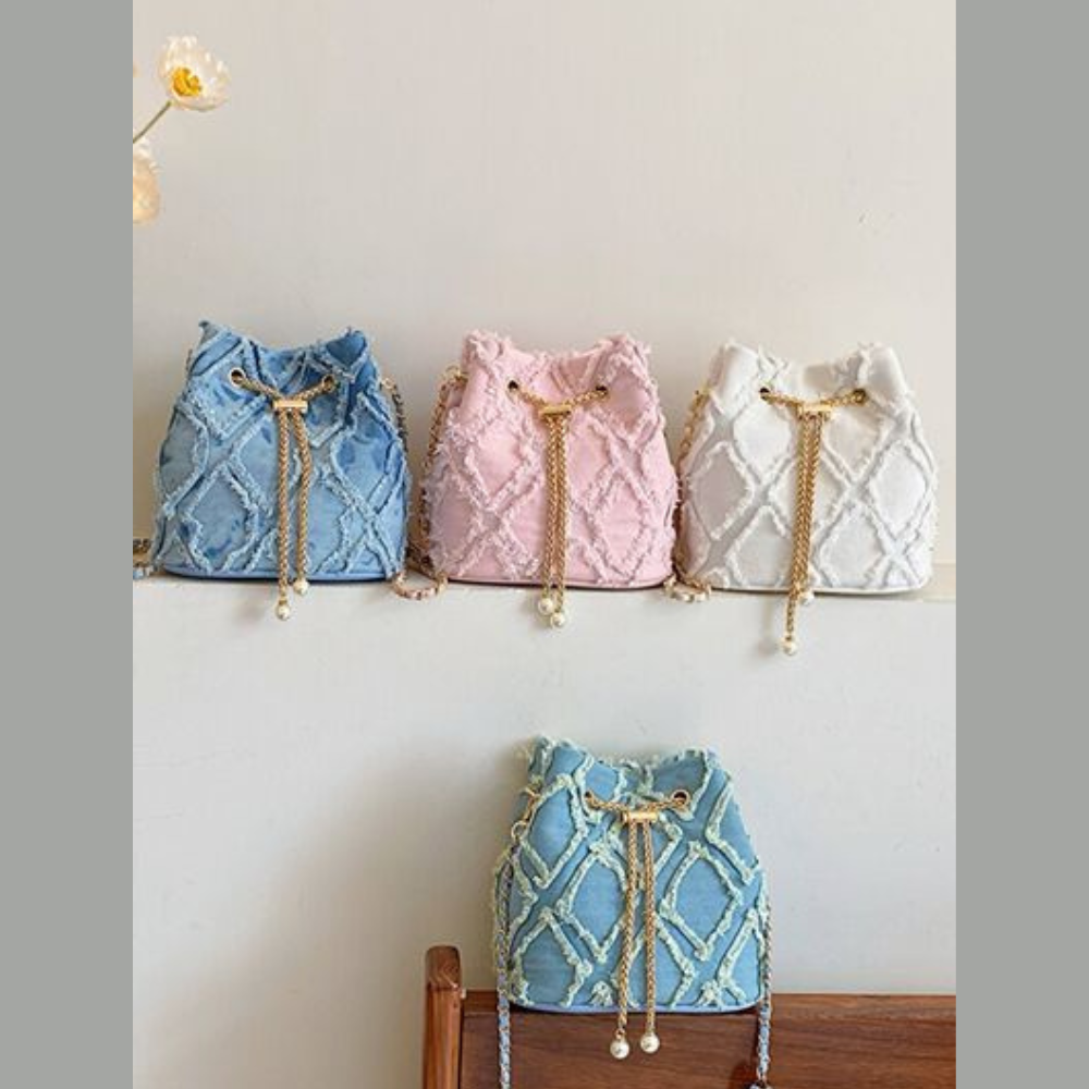 Chain Drawstring Raw Edge Denim Bucket Bag