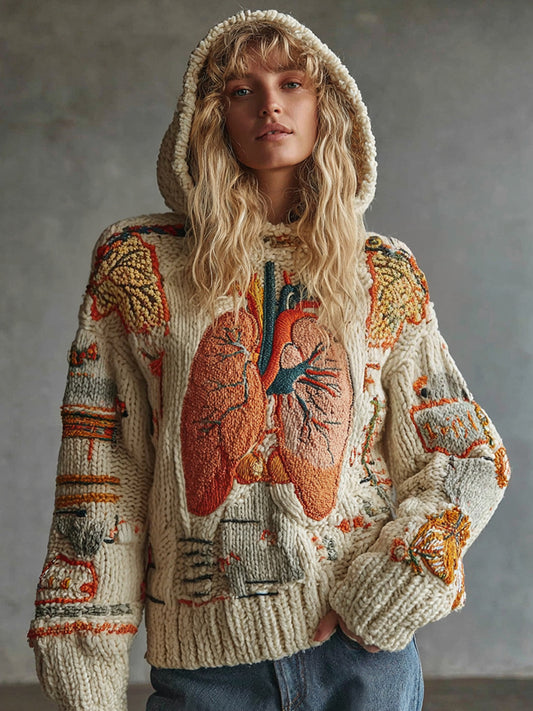 Vintage Halloween Anatomy Art Chunky Knitted Hooded Sweater
