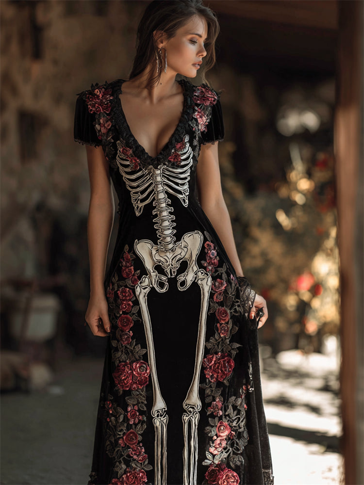 Vintage Red Roses Skeleton Anatomy Maxi Dress