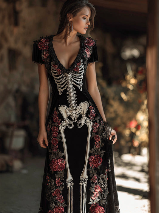 Vintage Red Roses Skeleton Anatomy Maxi Dress