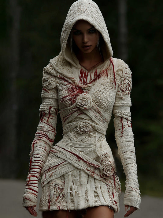 Women's Halloween Muscle Anatomy Bandage With Rose Art Cozy Knit Hooded Sweater Dress