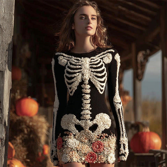 Halloween Skeleton & Floral Art Women's Knit Mini Dress