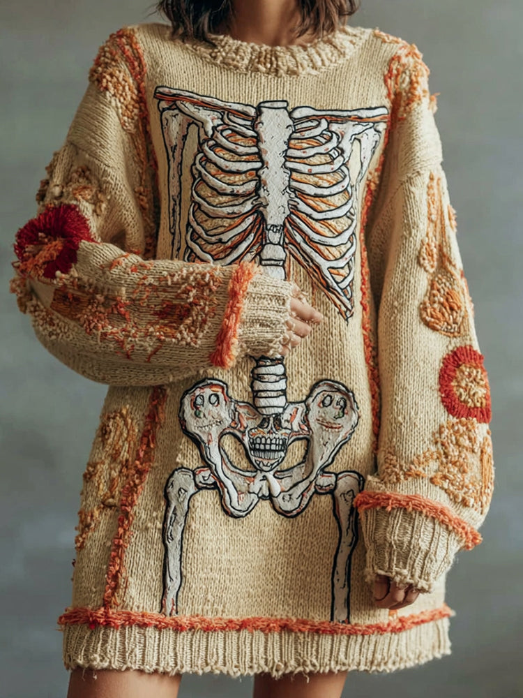 Vintage Halloween Skeleton Bones Art Chunky Knitted Sweater Dress