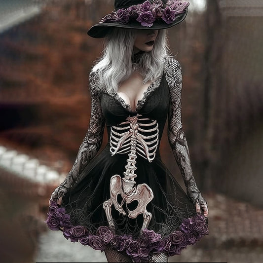 Women Halloween Human Anatomy Flower Splicing Lace Ancient Short Skirt