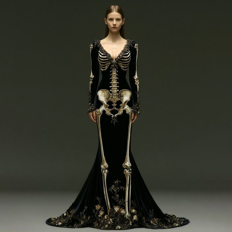 Women's Halloween Skeleton Velvet V Neck Maxi Dress