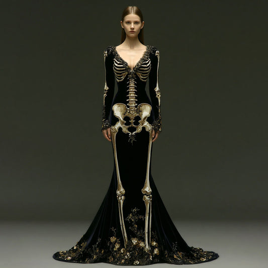 Women's Halloween Skeleton Velvet V Neck Maxi Dress