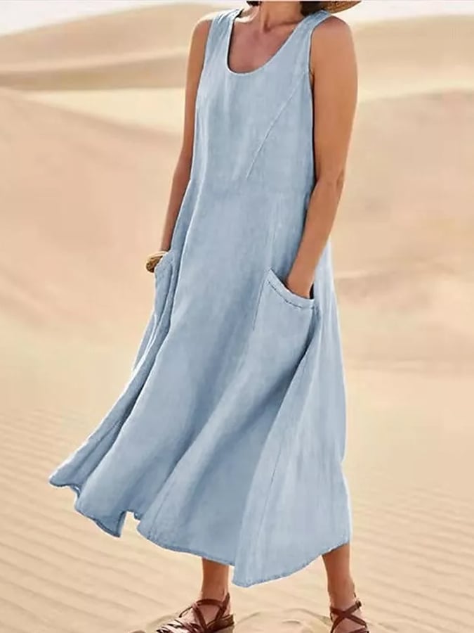 Women's Casual Pure Color Sleeveless Cotton Dress