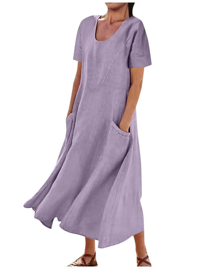 Solid Cotton Linen Pocket Short Sleeve Round Neck Dress