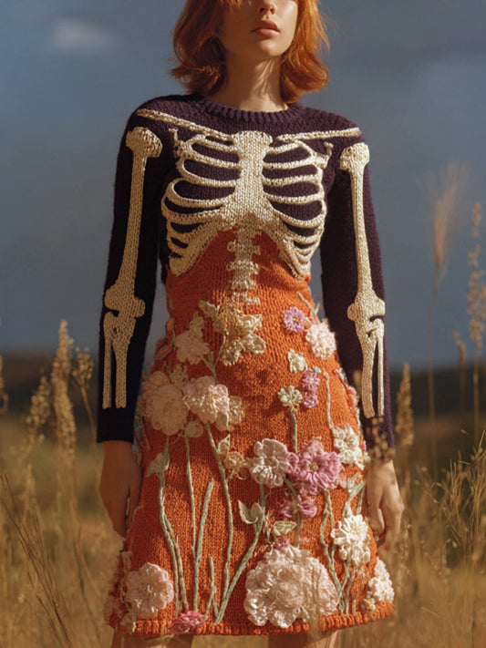 Women's Halloween Warm Tone Skull Rose Embroidered Dress