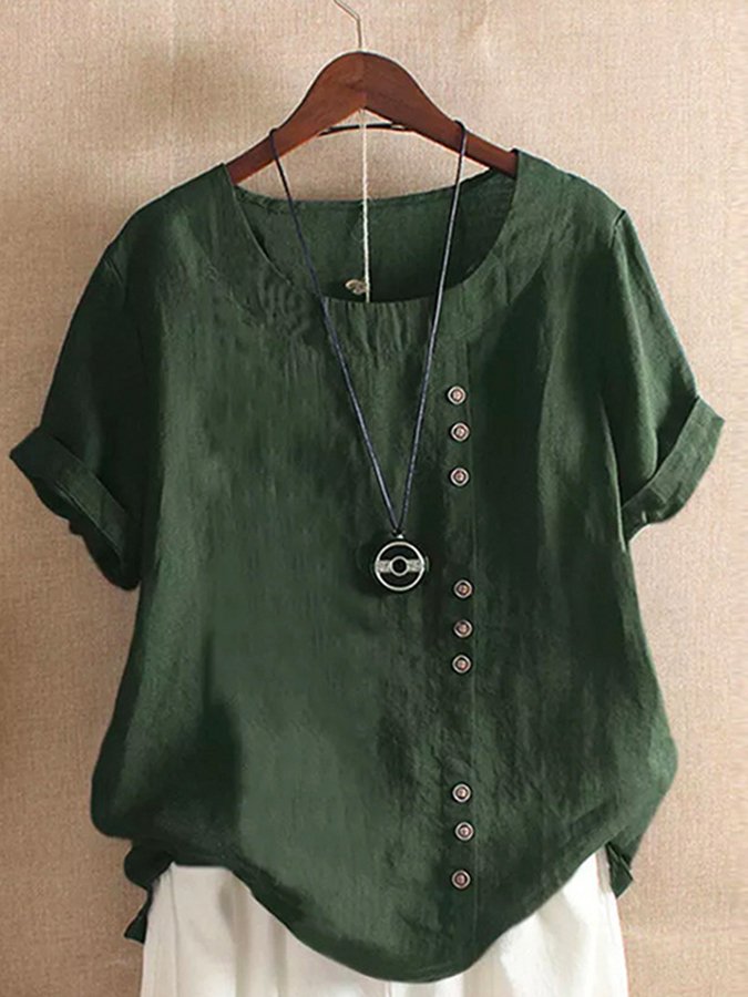 Airrys™ Women's Vintage Cotton Linen Button Crew Neck Short Sleeve T-Shirt