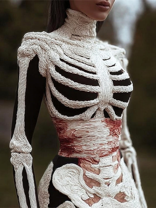 Halloween Skeleton Bandage Art Women's Knit Turtleneck Sweater