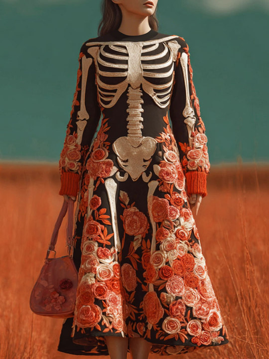 Women's Halloween Warm Tone Skull Rose Embroidered Dress