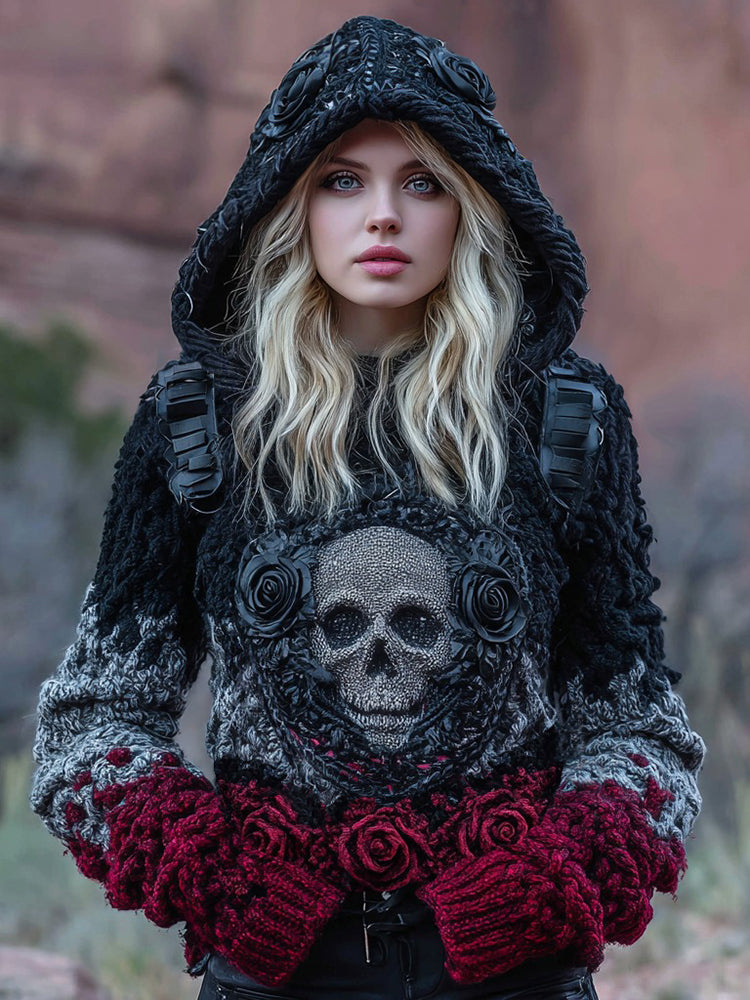 Women's Tribal Dark Style Rose Skull Art Chunky Knit Hooded Sweater