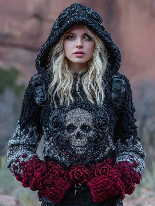 Women's Tribal Dark Style Rose Skull Art Chunky Knit Hooded Sweater