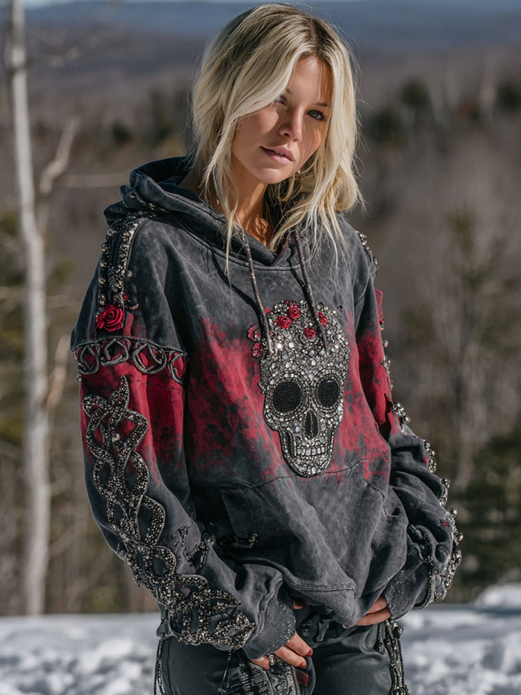 Women's Vintage Viking Tribal Skull Flower Gradien Art Cozy Hoodie