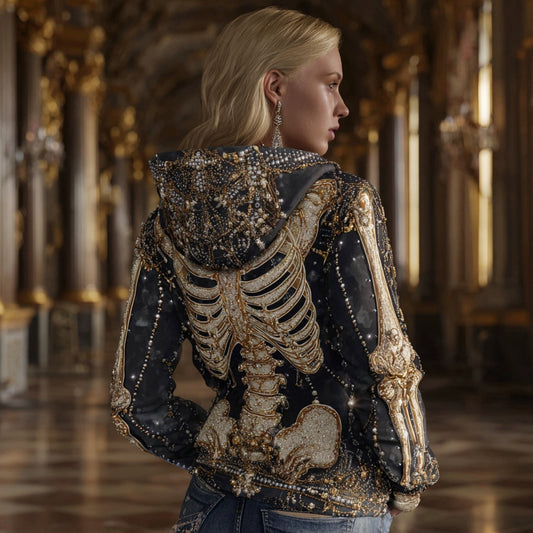 Vintage Glitter Skeleton Artl Embroidered Cozy Hoodie