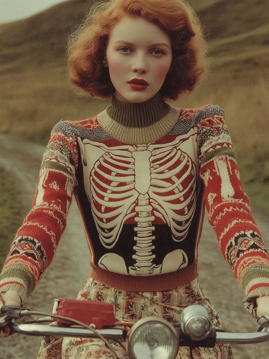 Women's Vintage Tribal Ribcage Skeleton Pattern Cozy Sweater