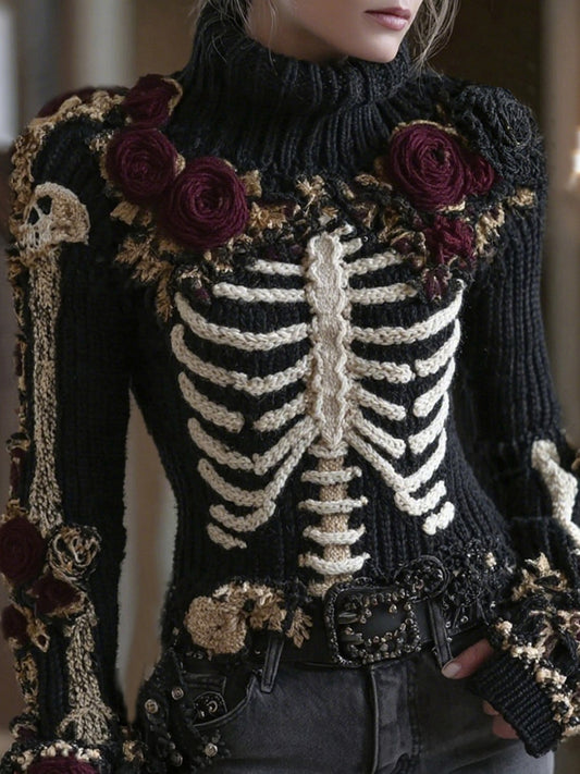 Women's Vintage Skeleton Rose Art Cozy Knit Turtleneck Sweater