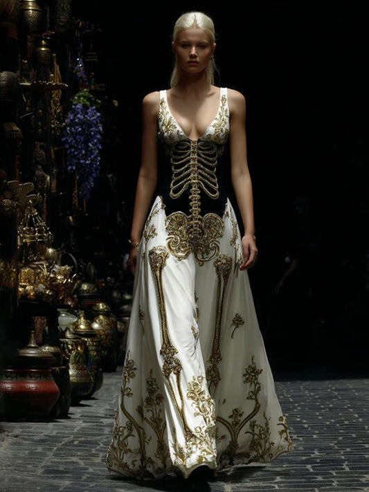 Women's Halloween Skeleton Gothic Style V Neck Maxi Dress