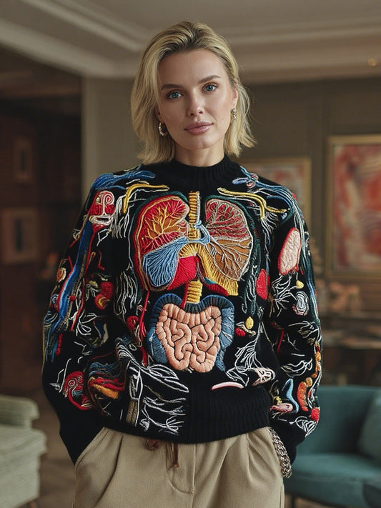 Women's Classic Halloween Anatomy Art Cozy Knit Pullover Sweater