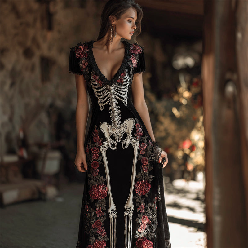 Vintage Red Roses Skeleton Anatomy Maxi Dress