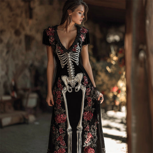 Vintage Red Roses Skeleton Anatomy Maxi Dress