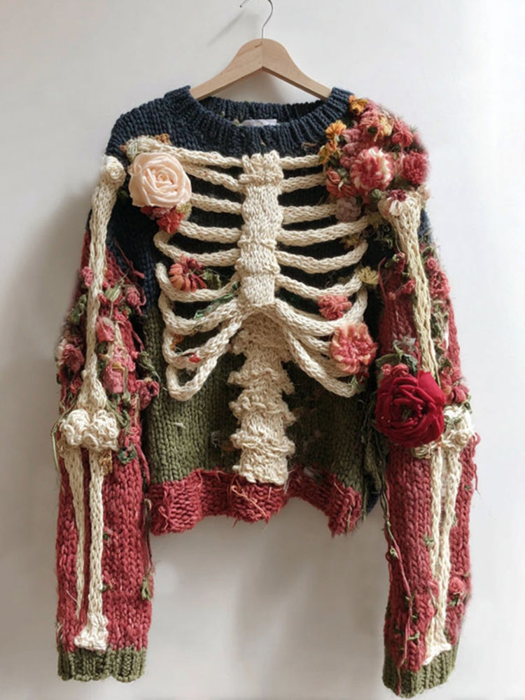 Women's Vintage Skeleton And Rose Art Cozy Sweater