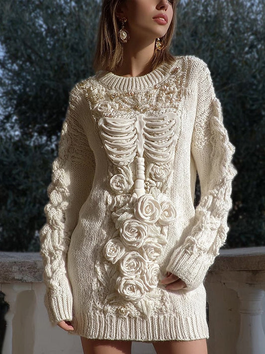 Vintage White Skeleton Roses Crochet Cozy Knit Dress