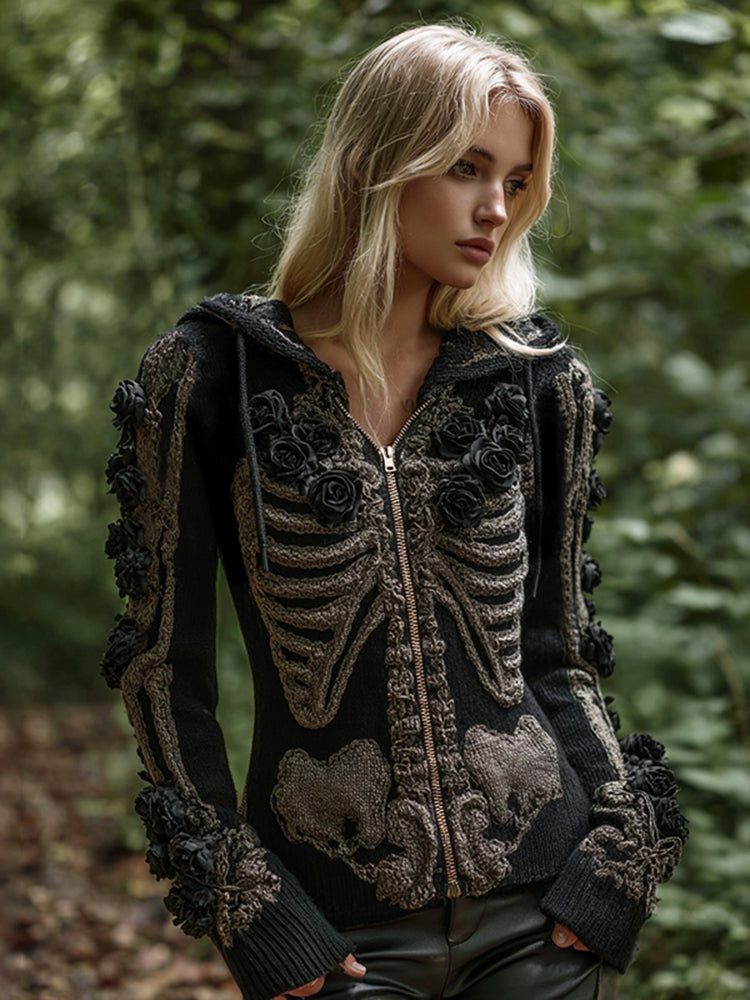 Women's Vintage Skeleton Rose Art Zipper Knit Hooded Sweater