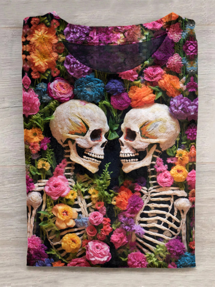 Retro Day Of The Dead Mexican Love Till Death Skull Inspired Cotton Graphic T-Shirt