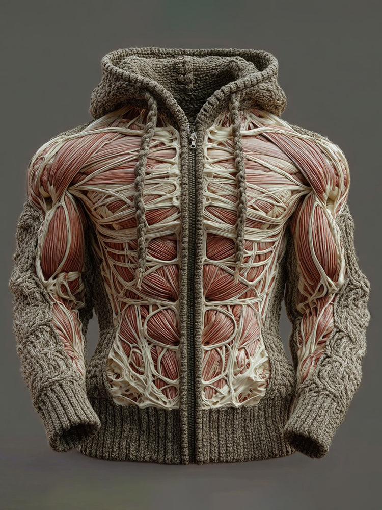 Men's Skull Line Art Knit Zip-up Hooded Sweater