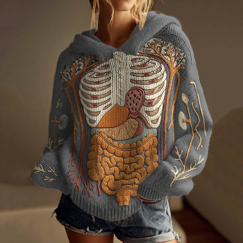 Vintage Halloween Anatomy Art Chunky Knitted Hooded Sweater