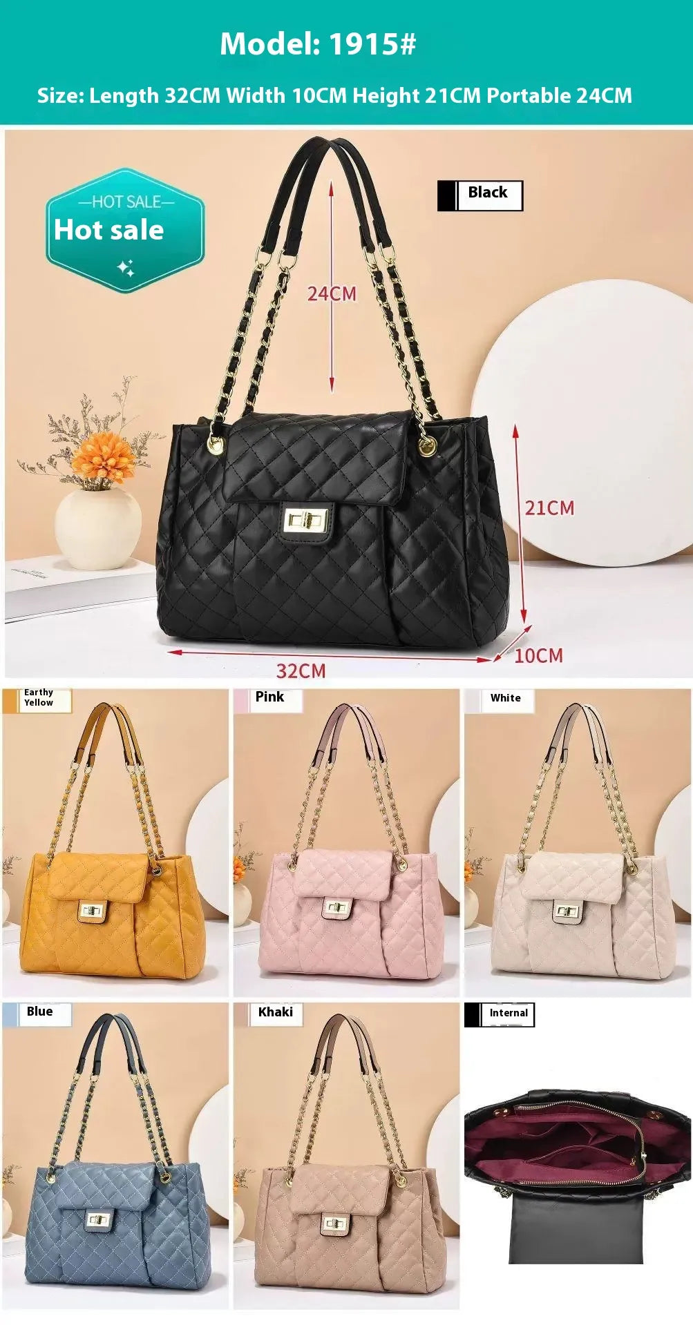 Women's Solid Color Simple Embroidery Thread Rhombus Large Capacity Chain Shoulder Messenger Bag