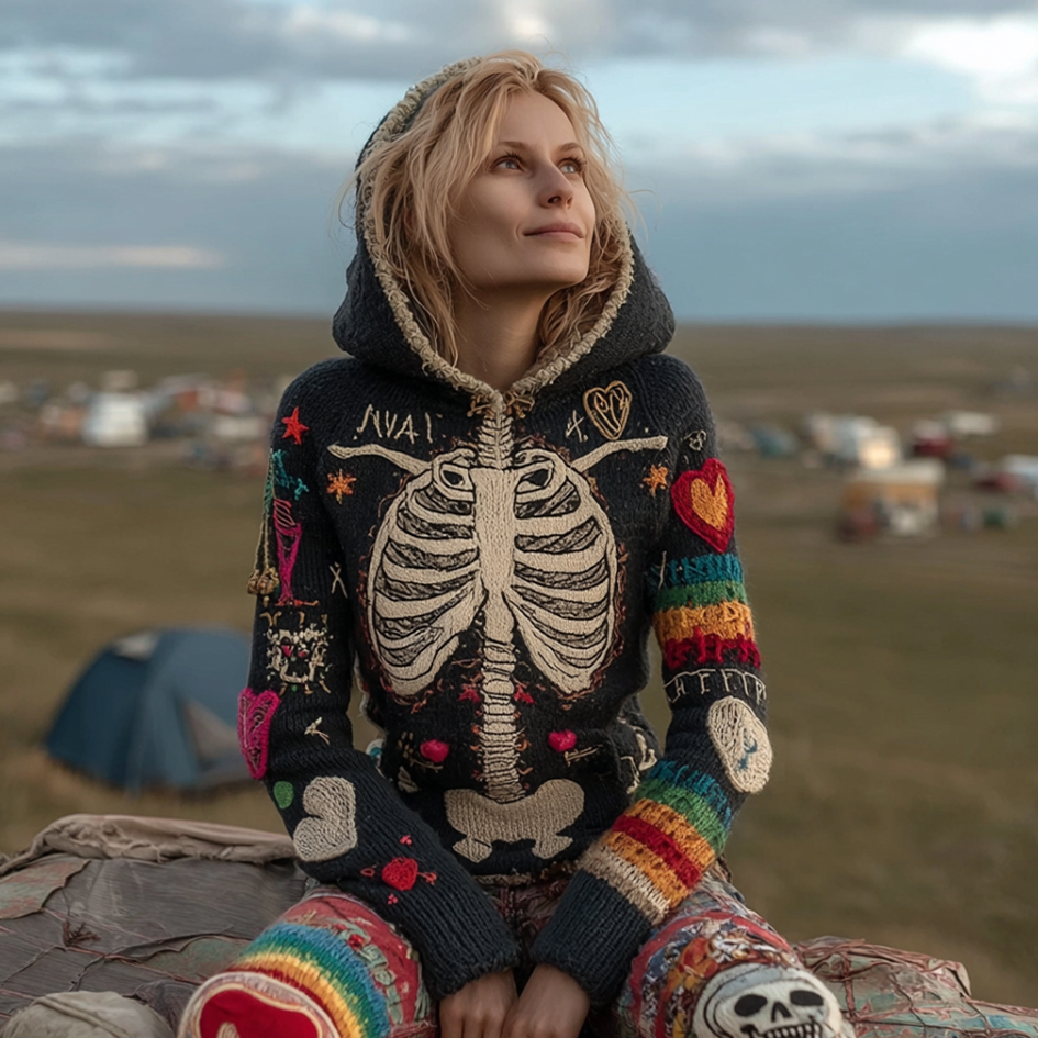 Halloween Skeleton Pattern Women's Knit Hooded Sweater