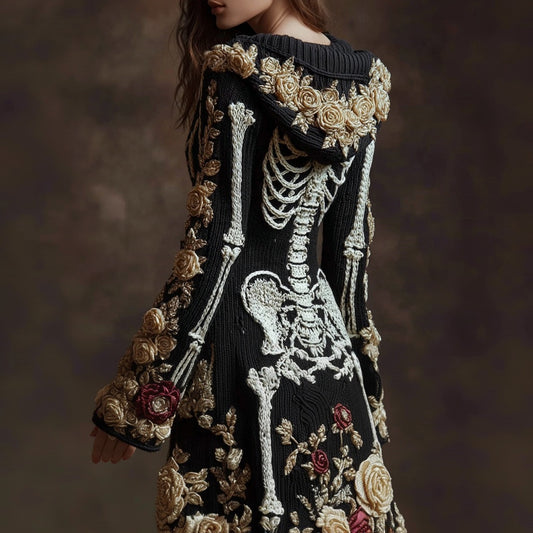 Classy Skeleton Roses Embroidered Hooded Sweater Cardigan