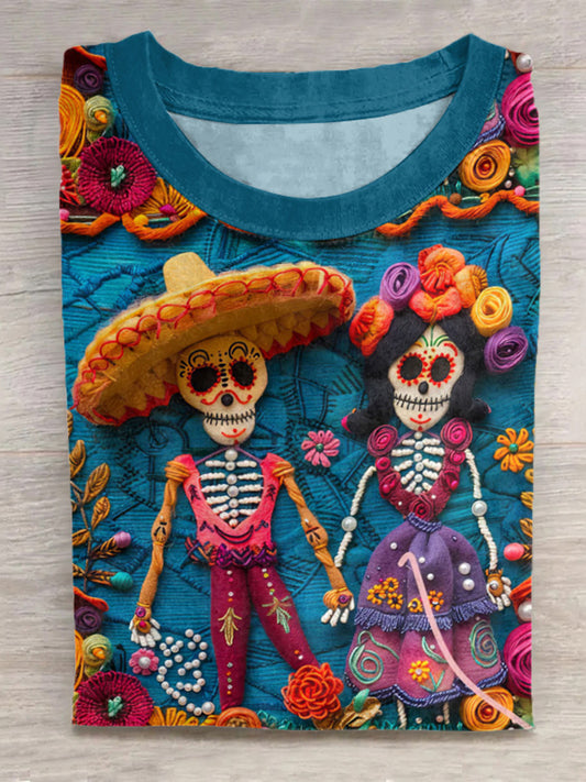 Mexican Festive Day Of The Dead Sugar Skeleton Couple Inspired Art Pattern Print Cotton Graphic T-Shirt