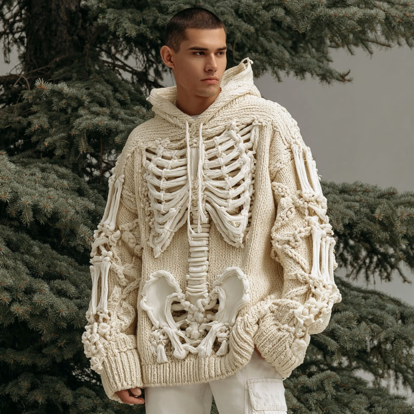 Men's Halloween Skeleton Art  Knit Hooded Sweater
