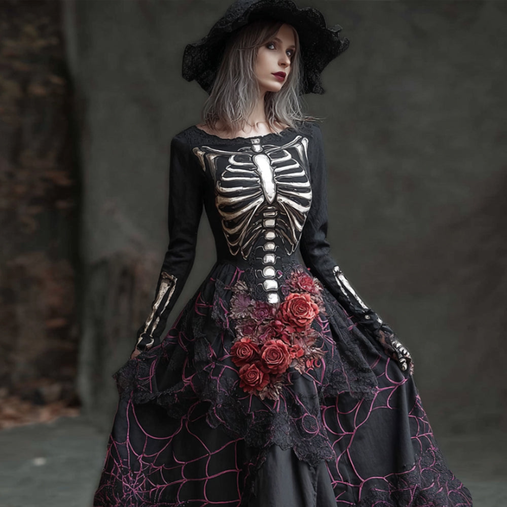 Women Halloween Human Anatomy Flower Round Neck Long Dress