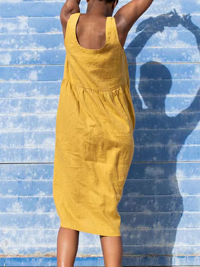 Solid Loose V-Neck Pleated Cotton Linen Dress