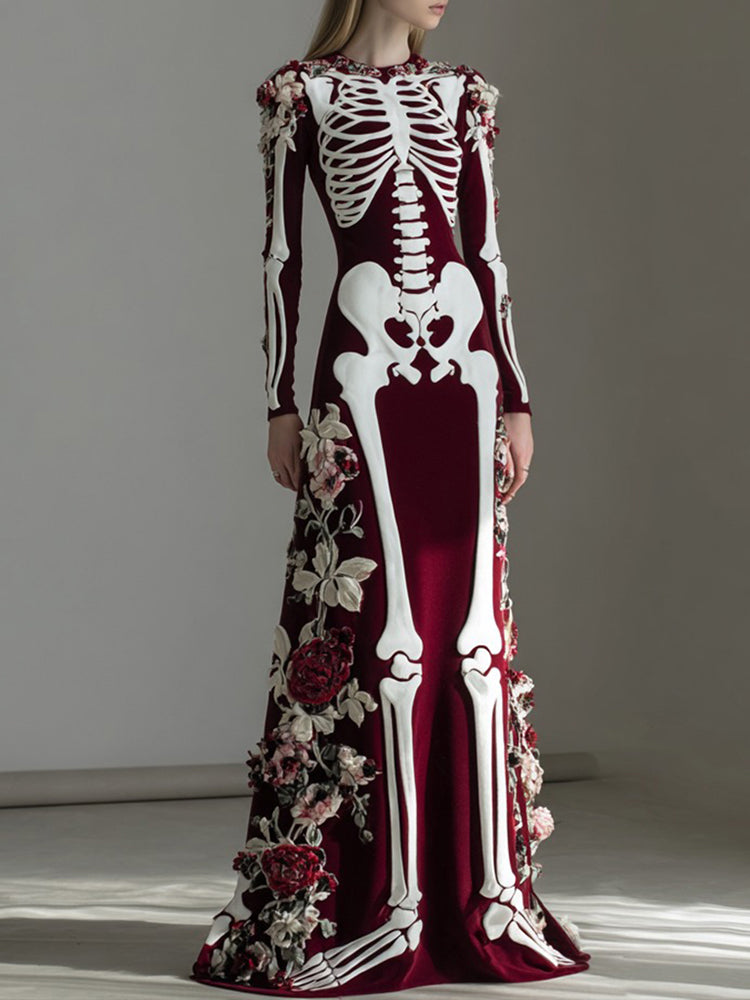 Women's Vintage Skull Rose Comfortable Elegant Velvet Maxi Dress